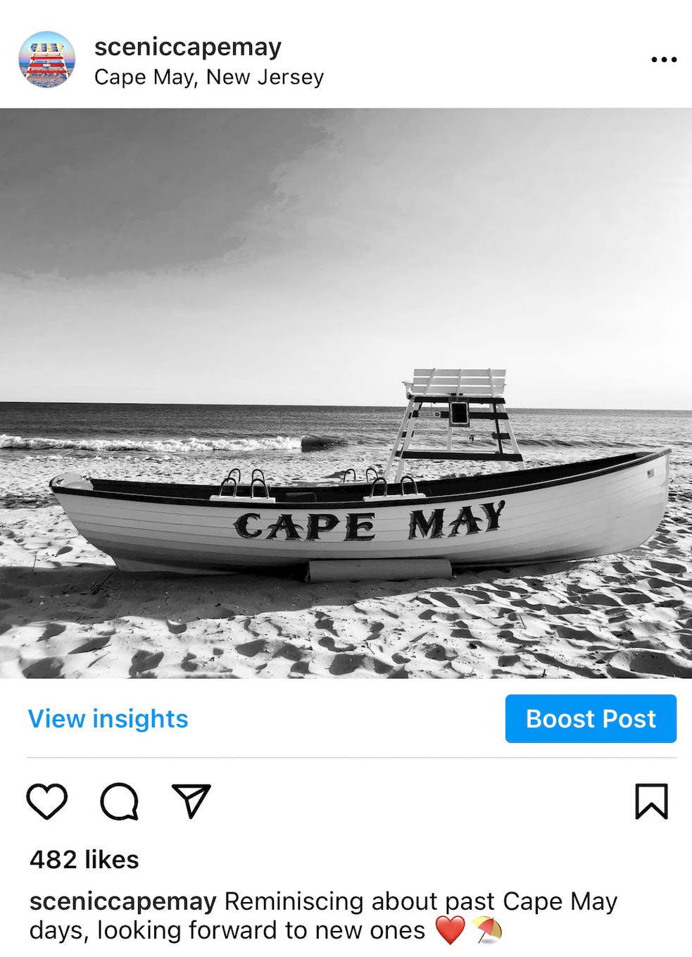 Post results for my location specific Cape May Instagram account, with nearly 500 favorites