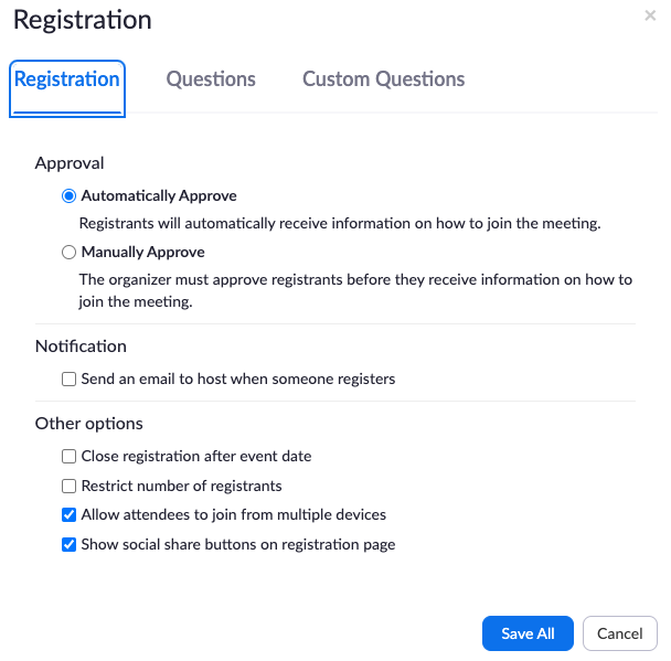 Zoom Registration Form Options
