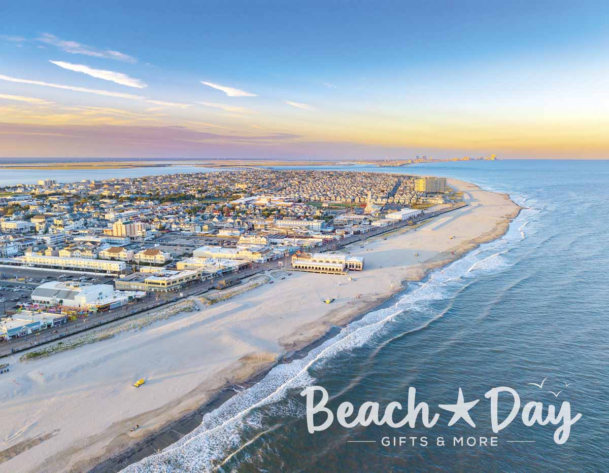 Aerial view of Ocean City NJ, the boardwalk, beach and Atlantic Ocean