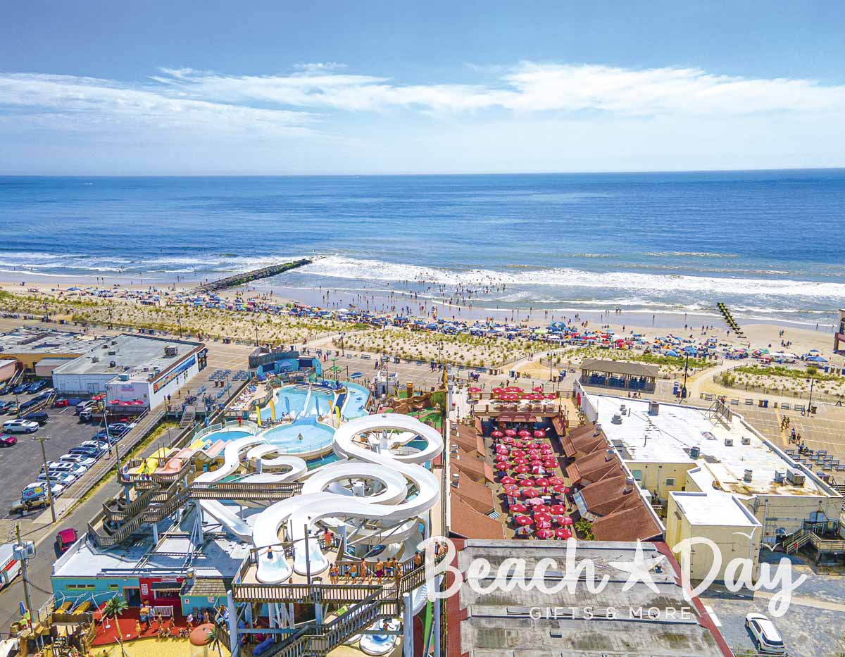 Aerial view of water slides, the Ocean City NJ beach and Atlantic Ocean